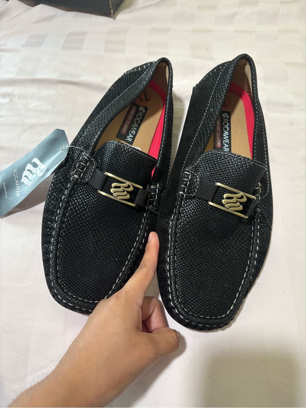 Rocawear Men’s Black Textured Slip-On Loafers with Gold Accent